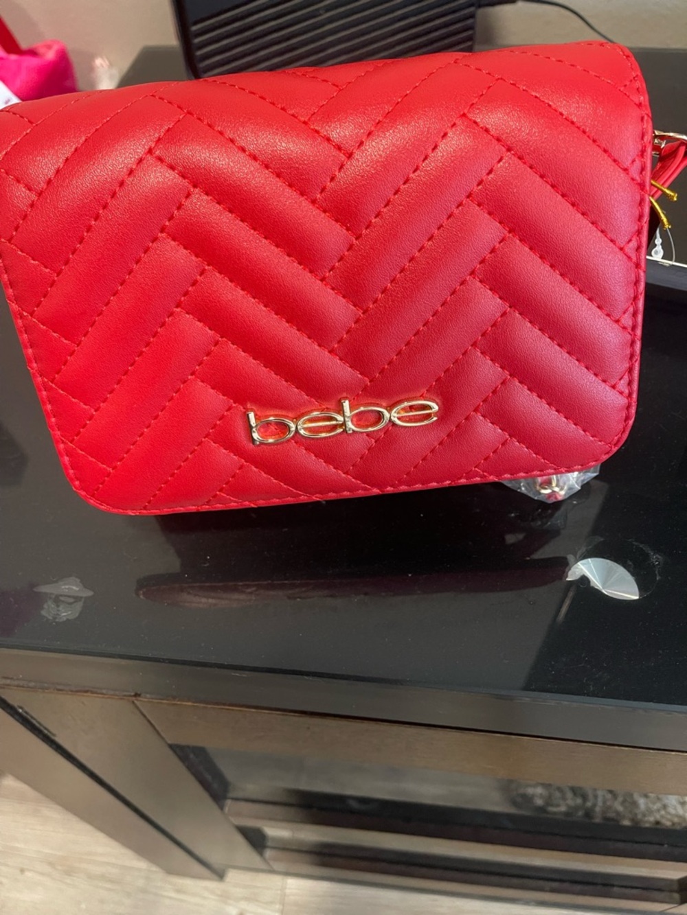 bebe Quilted Crossbody Bag in Red with Gold Logo